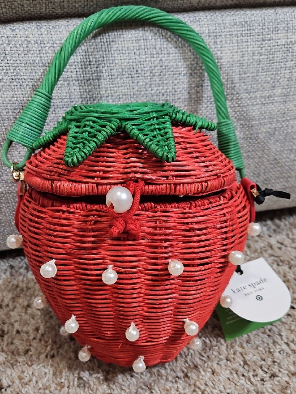 kate spade Red & Green Strawberry Mini Wicker Bag with Pearls